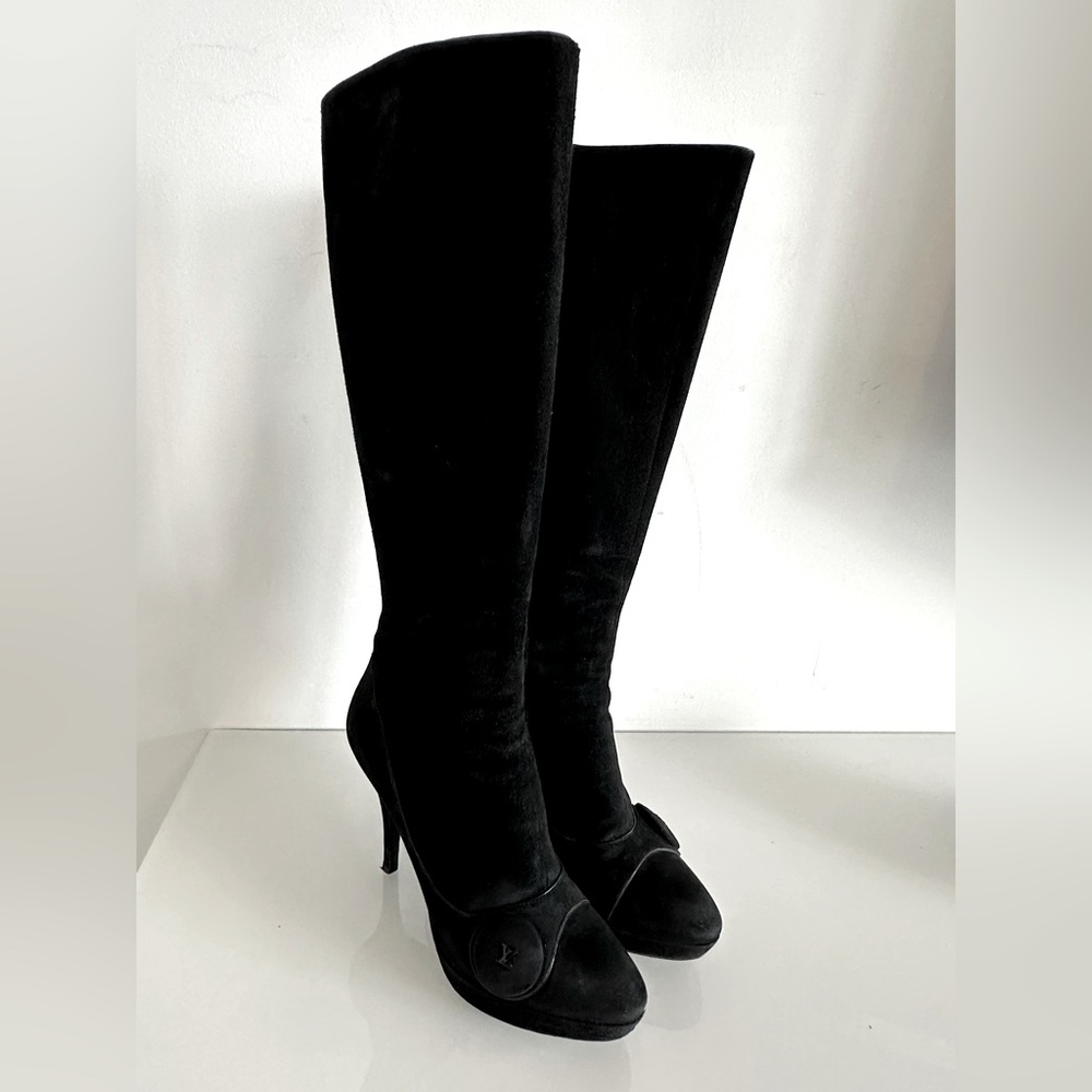 Louis Vuitton Black Suede Platform Boot Heels, Size 38.5